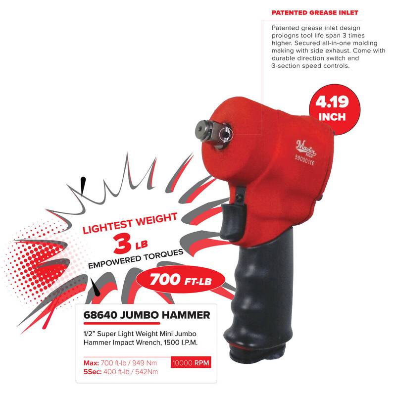 Master Palm 1/2" Ultra Compact Small Air Impact Wrench - 700 Ft/lb - 949 Nm