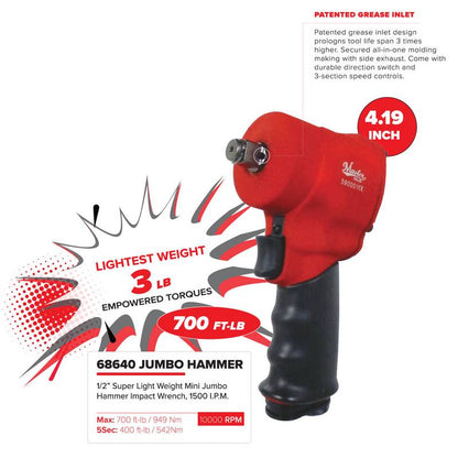 Master Palm 1/2" Ultra Compact Small Air Impact Wrench - 700 Ft/lb - 949 Nm